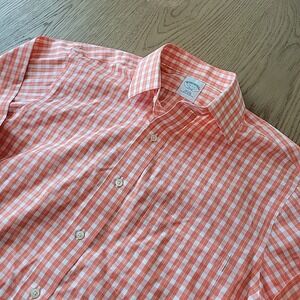 Brooks Brothers Dress Shirt Mens 15 2/3 Orange White Checks 346 Slim Fit Gingham